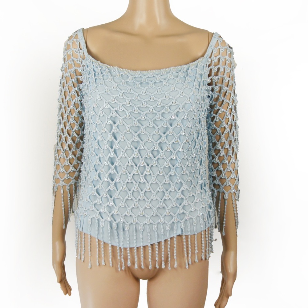 Vintage 90s Knit Bead Crochet Overlay Baby Ice Blue Sheer Long Sleeve Top
